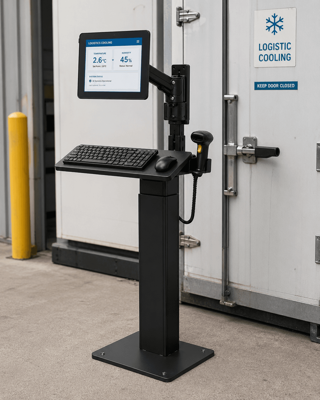 RRMS WorkStation — industrial floor-mounted terminal outside a logistics cooling unit